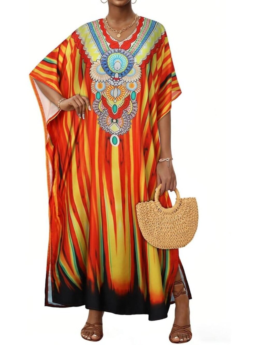 Women's Ethnic Sunset Print Plus Size V Neck Caftan Long Batwing Sleeve Cover Up